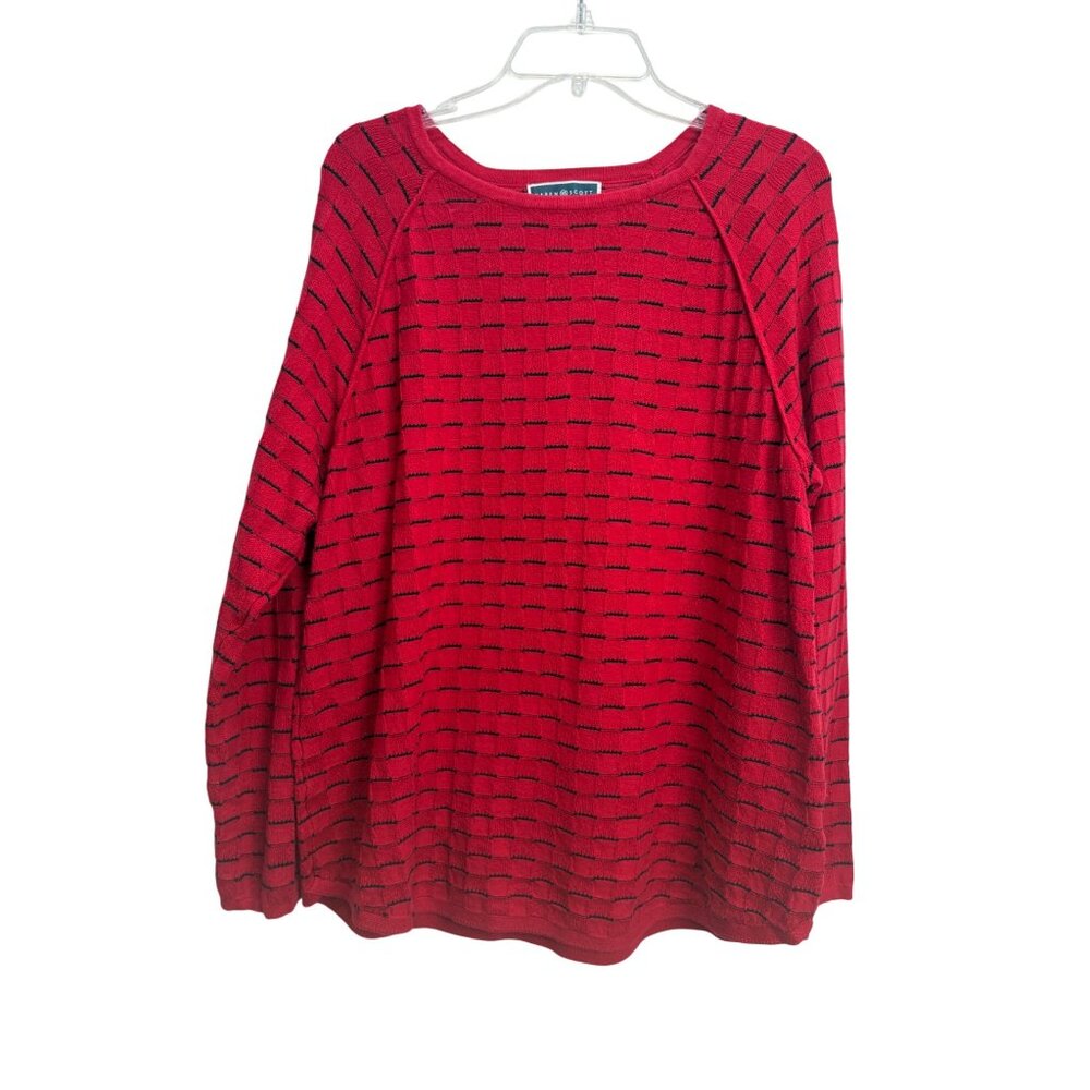 Karen Scott Womens Red Black Criss Cross Textured Knit Sweater 1X Cotton LS Cozy